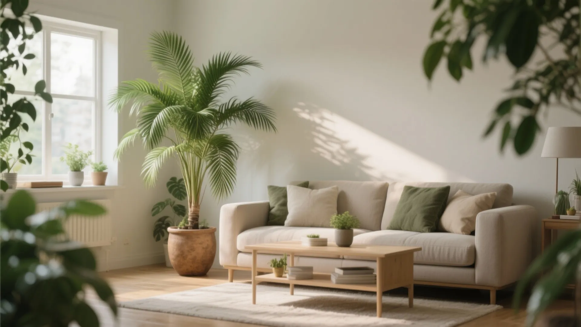 Modern living room featuring beige sofa wooden coffee table green pillows and many indoor plants