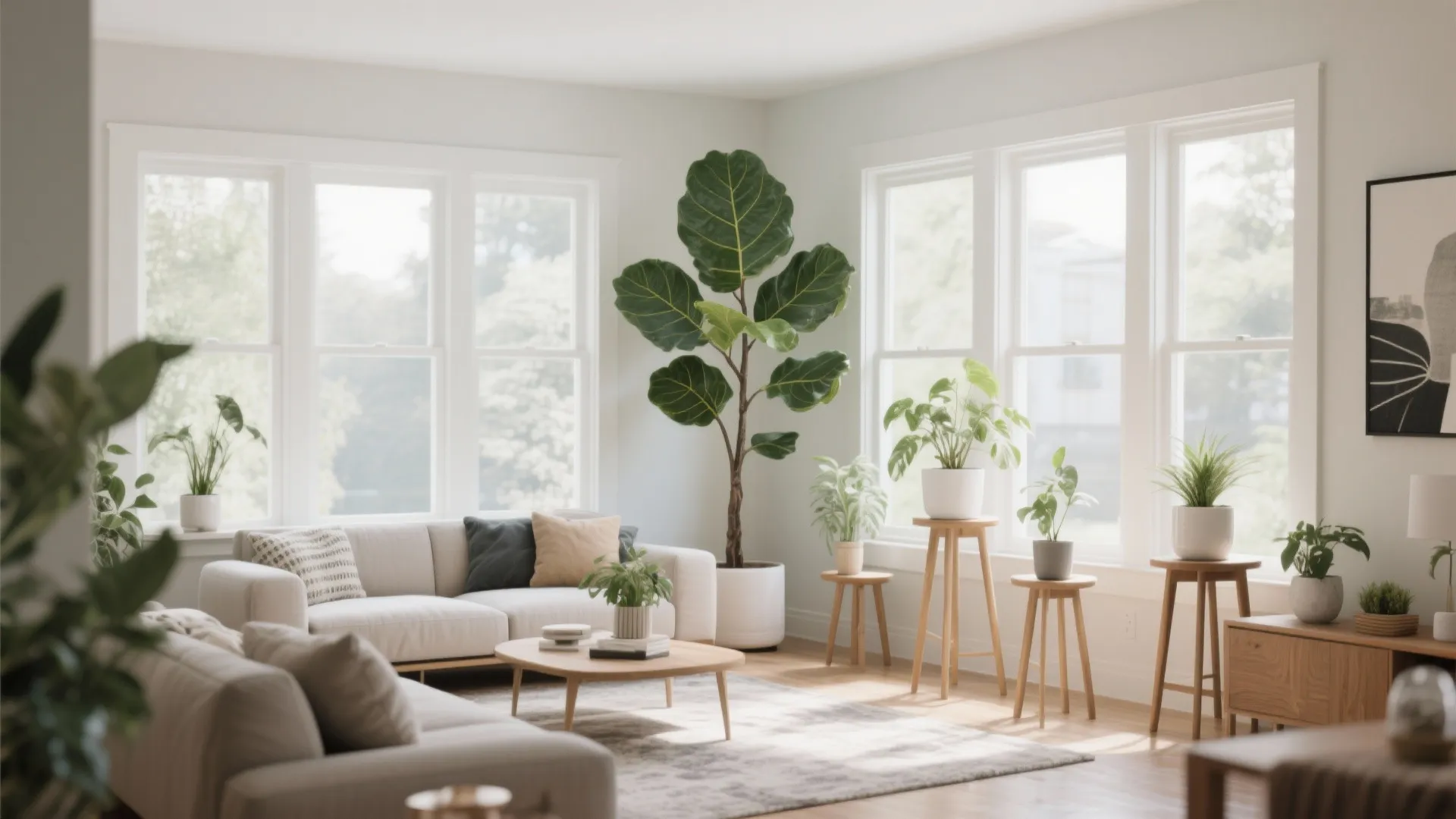 Bright living room filled with various green indoor plants white sofa and wooden coffee table