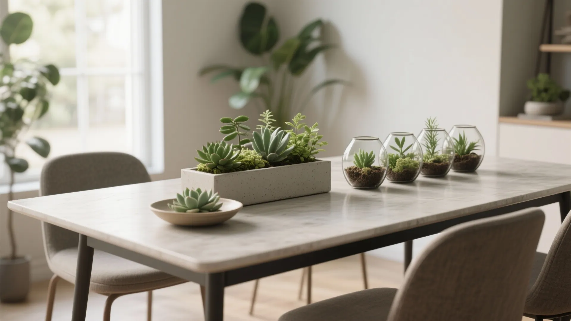 Living greenery centerpieces: linear planter, shallow succulent dish and terrariums on a compact dining table.
