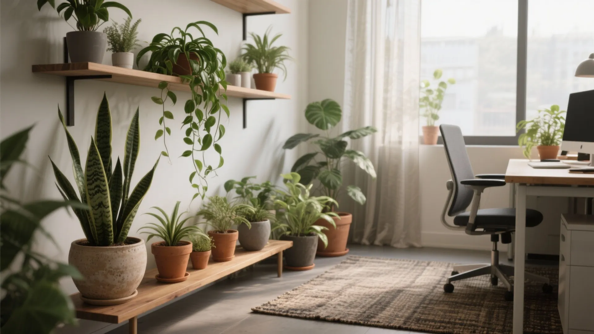 Office corner with snake plant, pothos, and terracotta pots adding texture and a calming vibe.