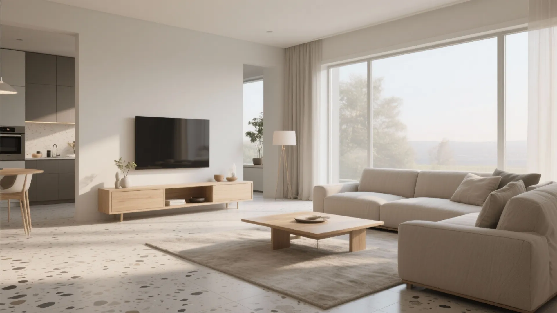 Spacious open plan living room with speckled floor tiles large windows beige sofa and wooden furniture
