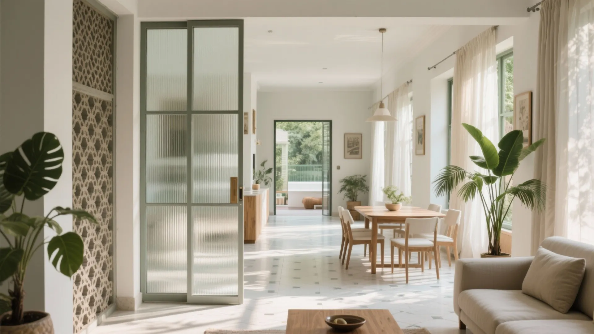 Daylight-first living-dining with sliding glass and jaali privacy