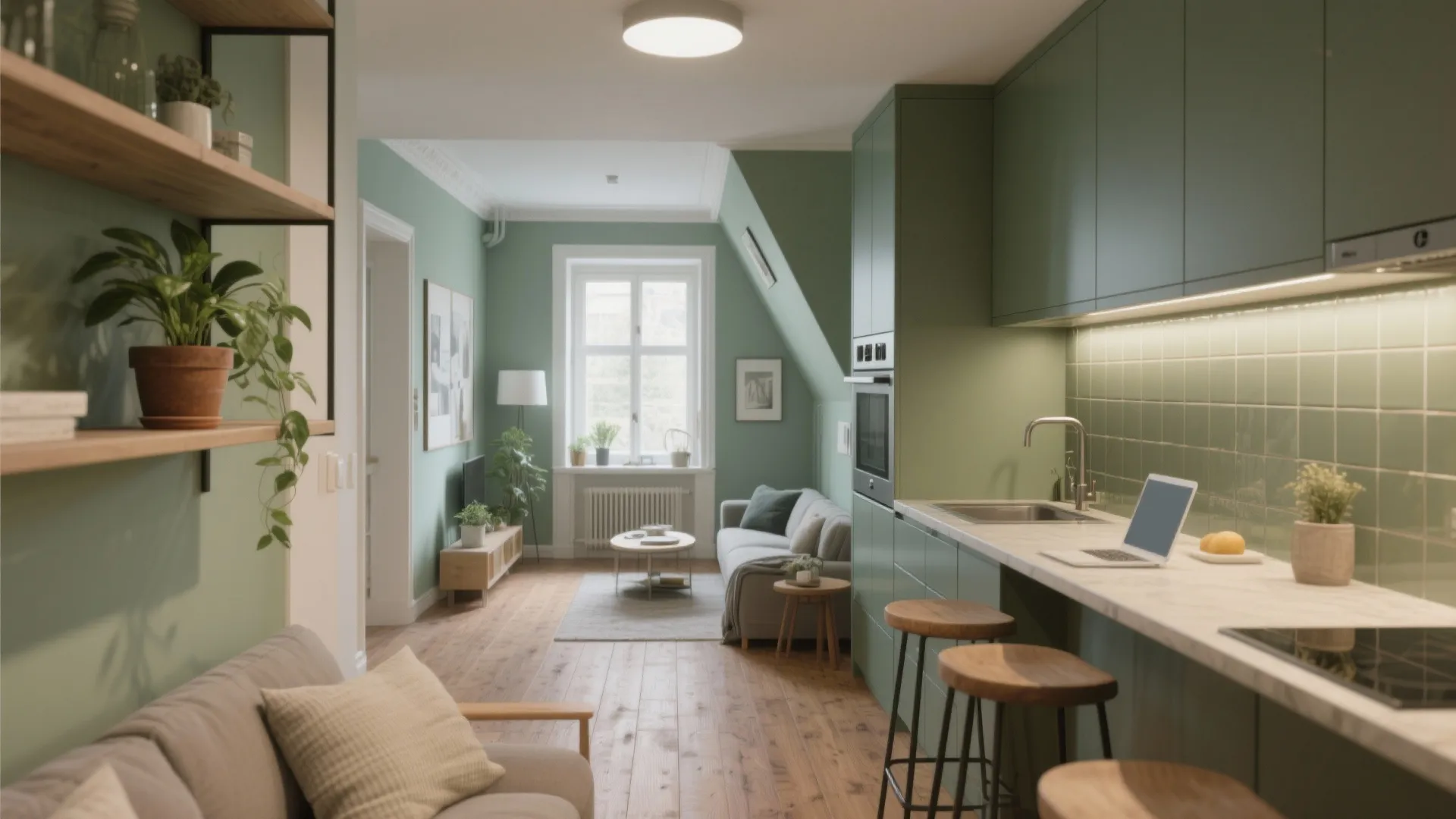 Modern narrow kitchen and living room layout with green walls and light wood floor design
