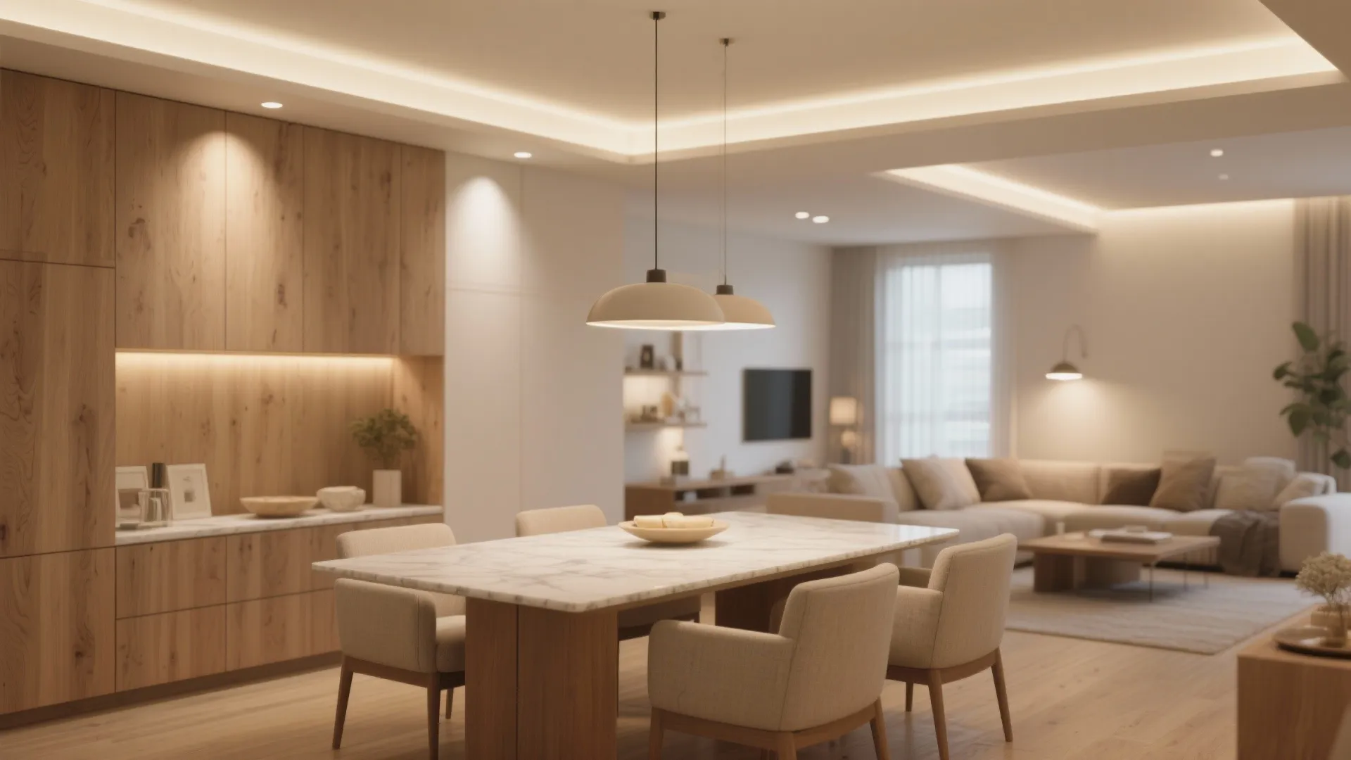5) Layered Lighting + Warm Neutrals and Textured Laminates
