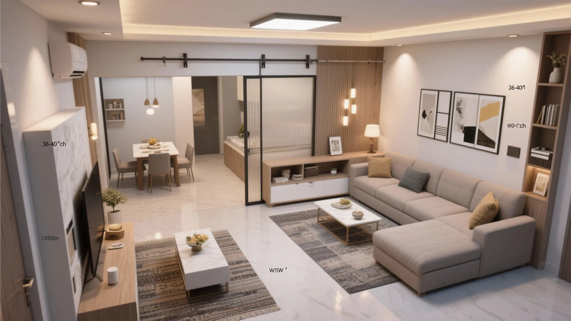 Flexible living room: sliding partitions and compact sofas