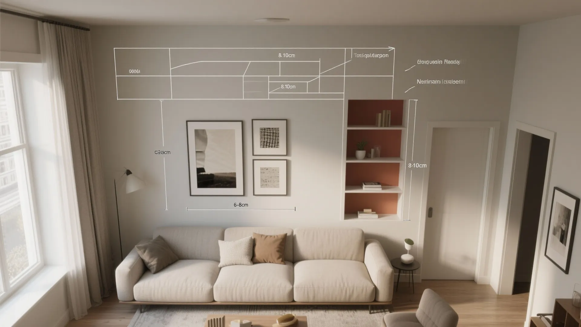 Living room layout design with white sofa wall art and built in shelving unit sketch