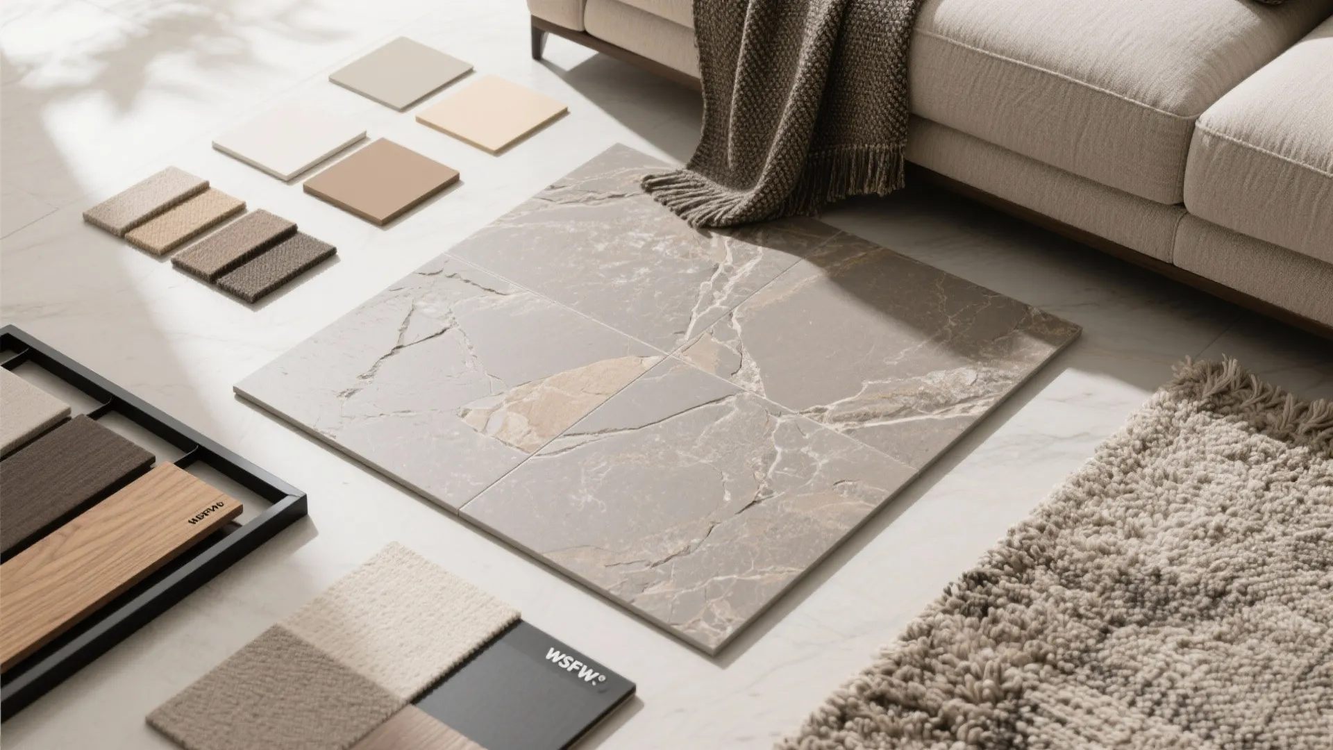 Material palette: stone-look tiles and easy-care fabrics