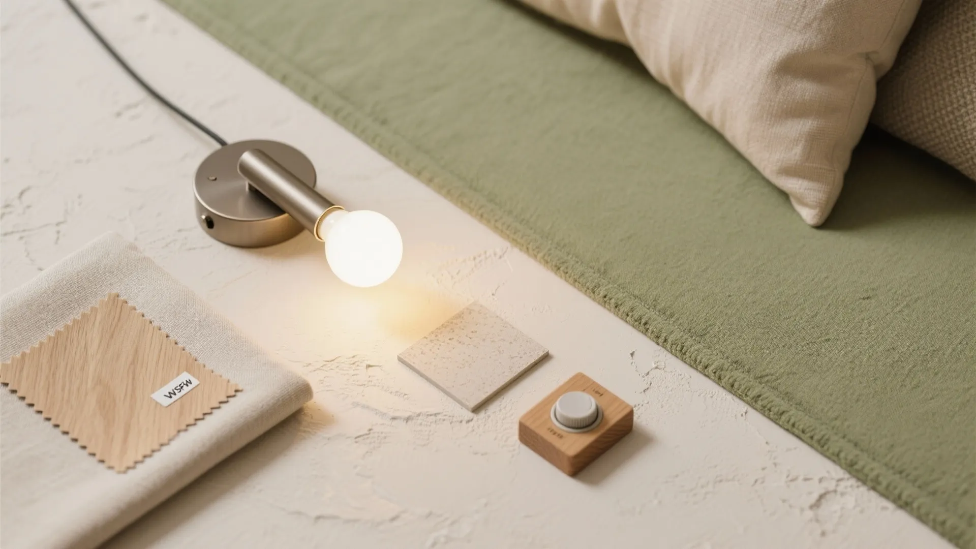 A material flat lay showing wood samples green fabric textured tiles and a glowing light