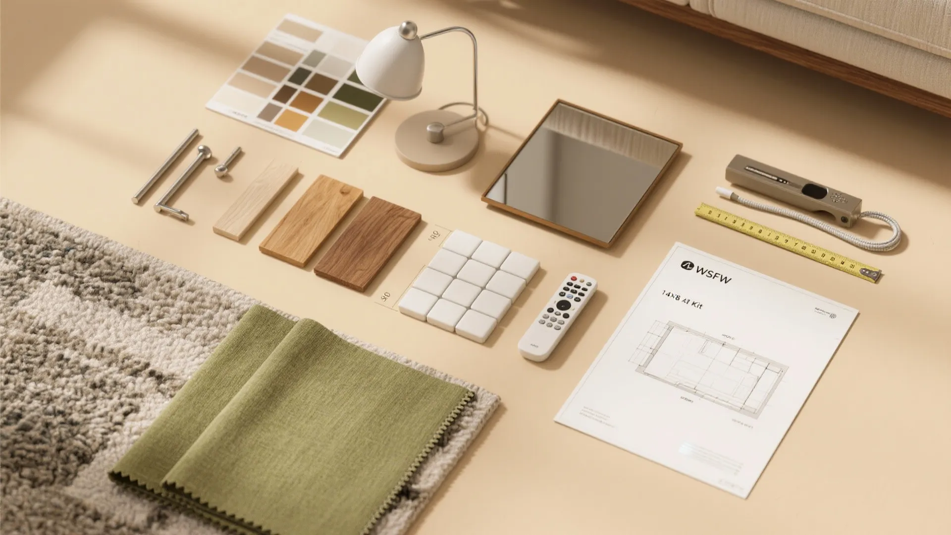 Interior design materials including color samples fabric wood pieces and a floor plan on floor