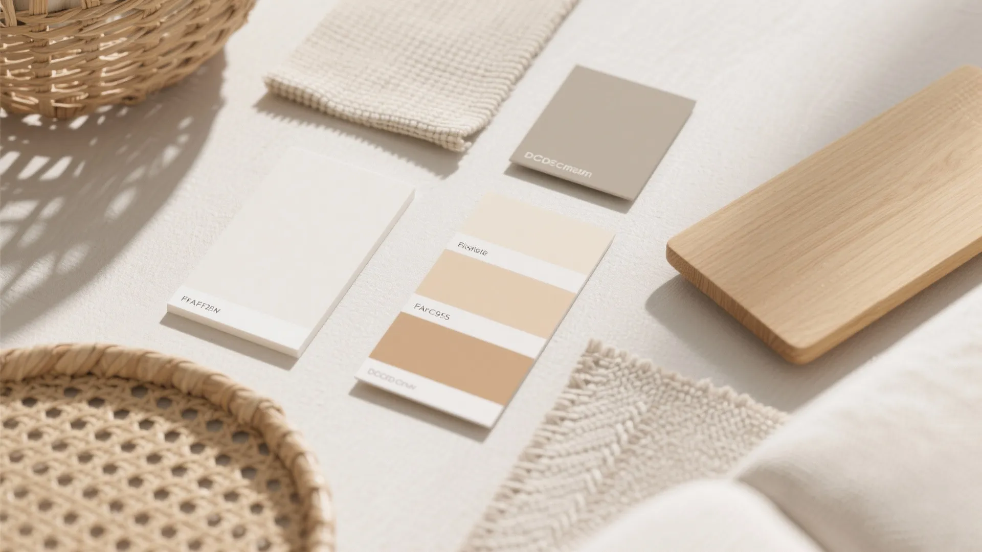 Neutral color mood board with beige paint samples wood pieces and textured fabric on white surface