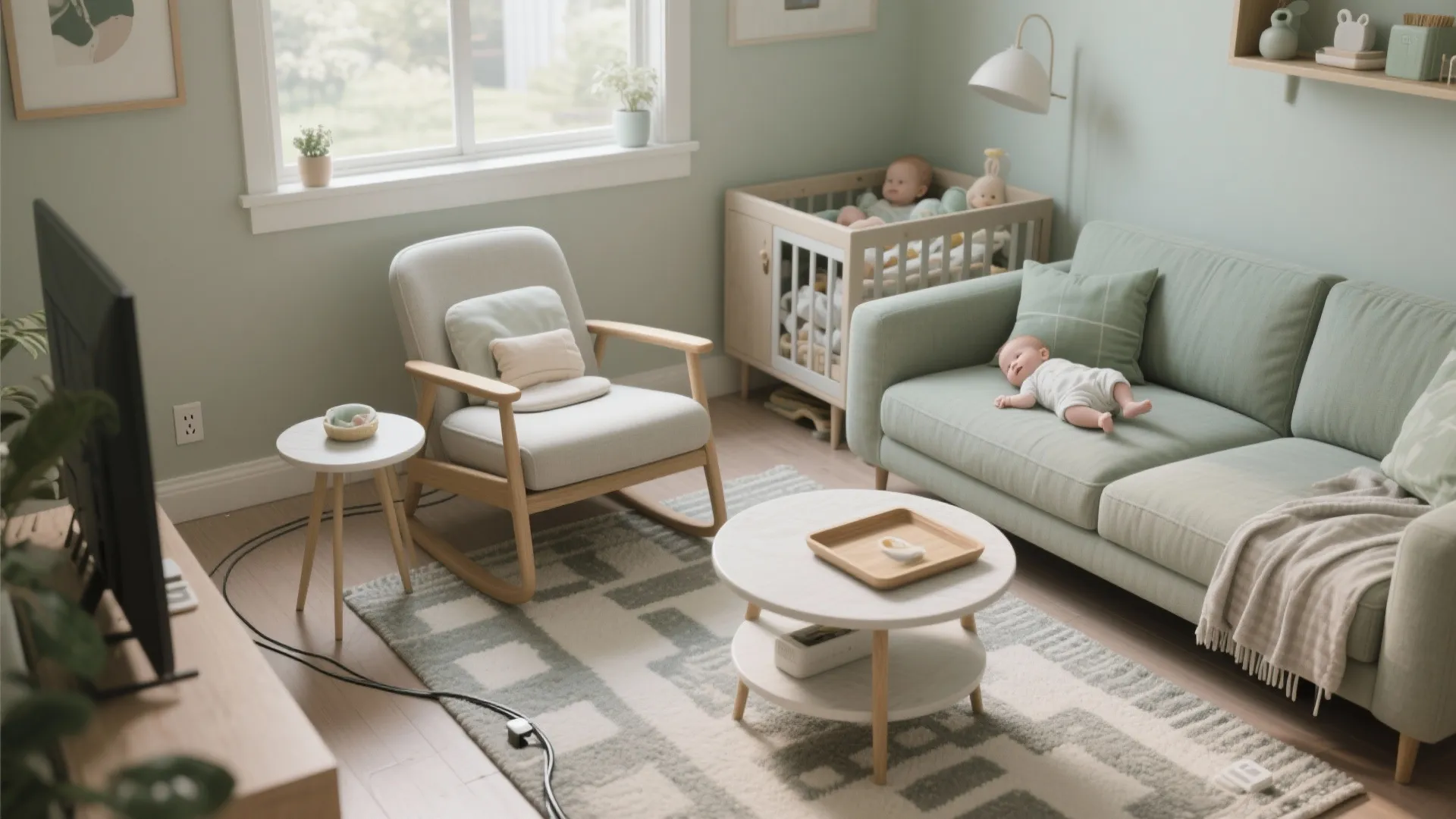 4) Newborn-friendly living room layout and materials