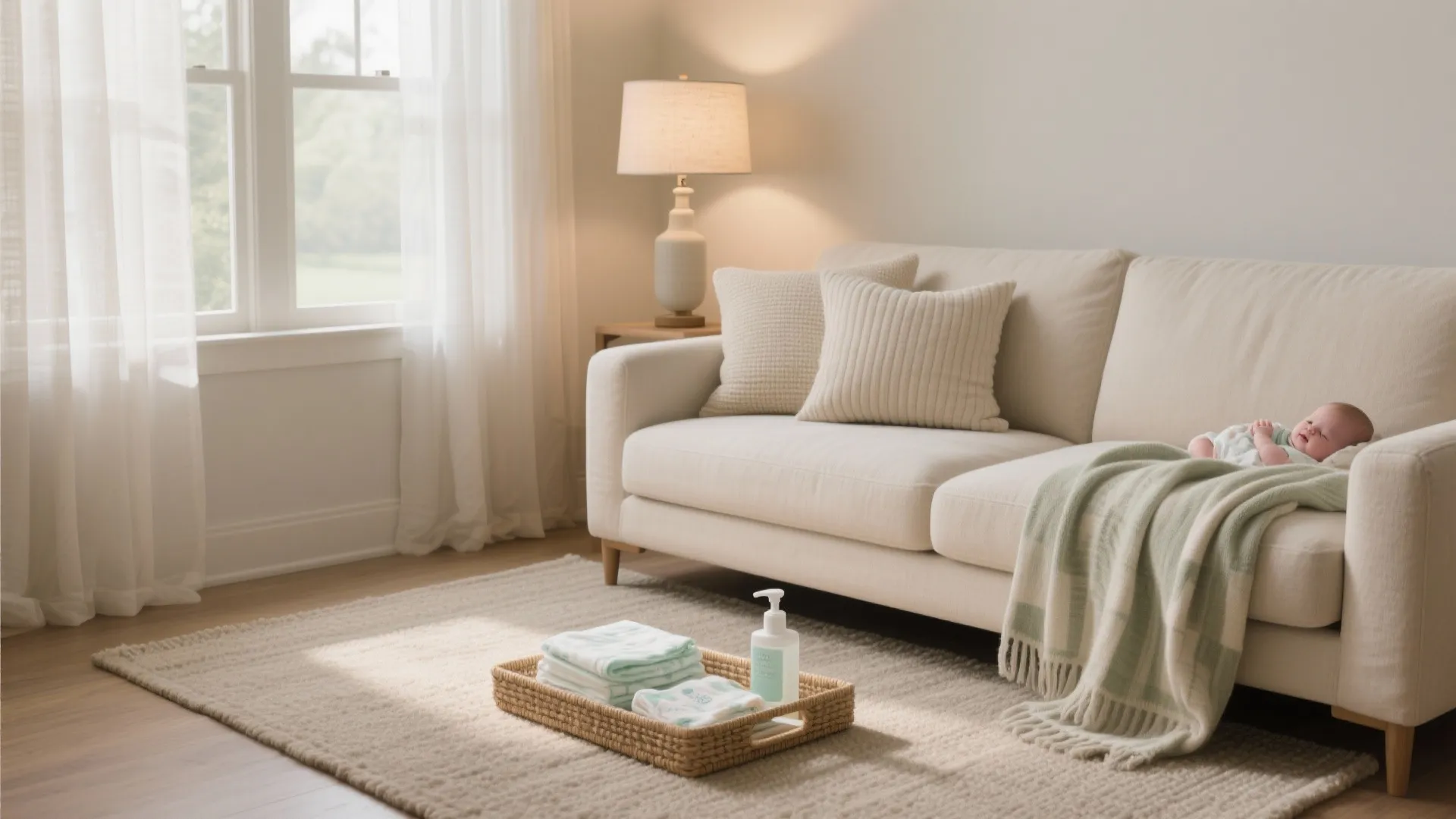 Cozy living room corner with cream sofa, table lamp, rug, and baby sleeping under blanket