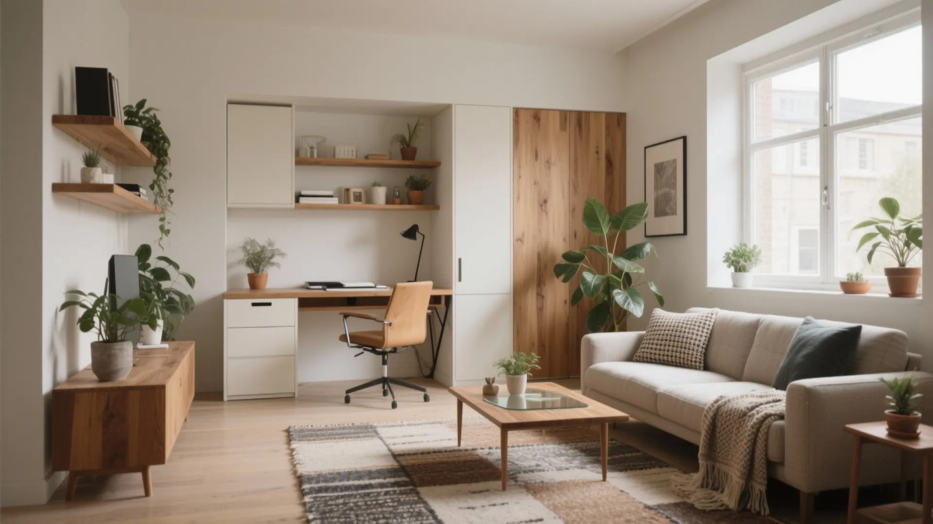 Bright living room with white desk office chair beige sofa coffee table and large bright windows