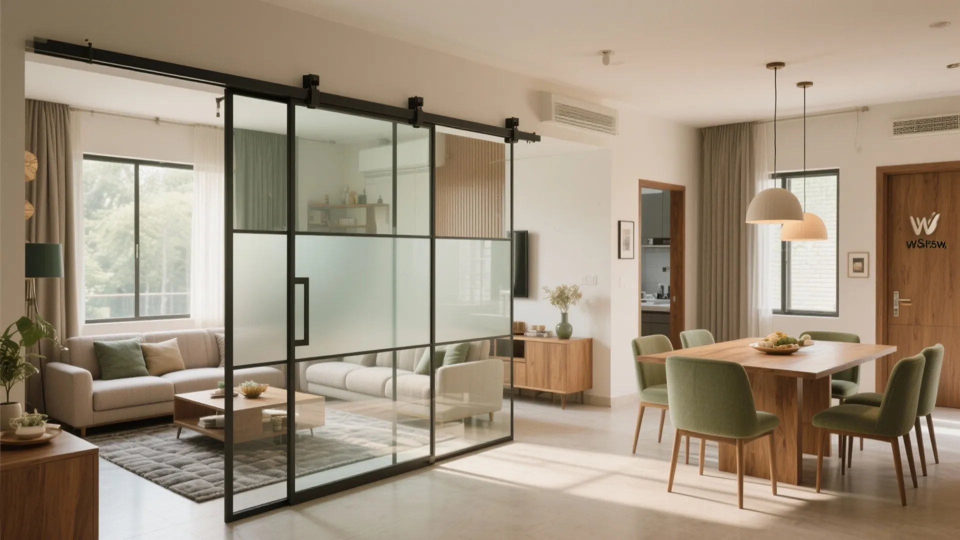 Multipurpose living-dining with flexible partitions