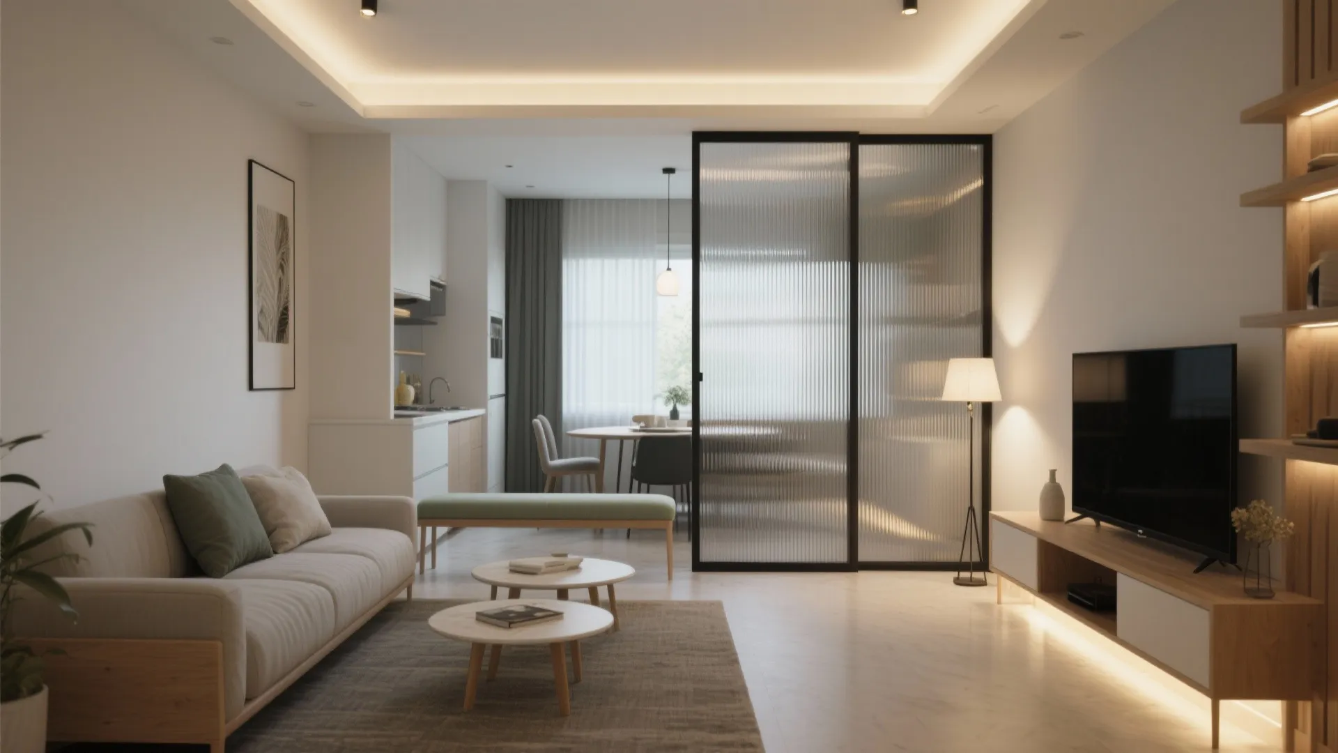 3) Flexible Living-Dining with Sliding Partition and Moveable Pieces