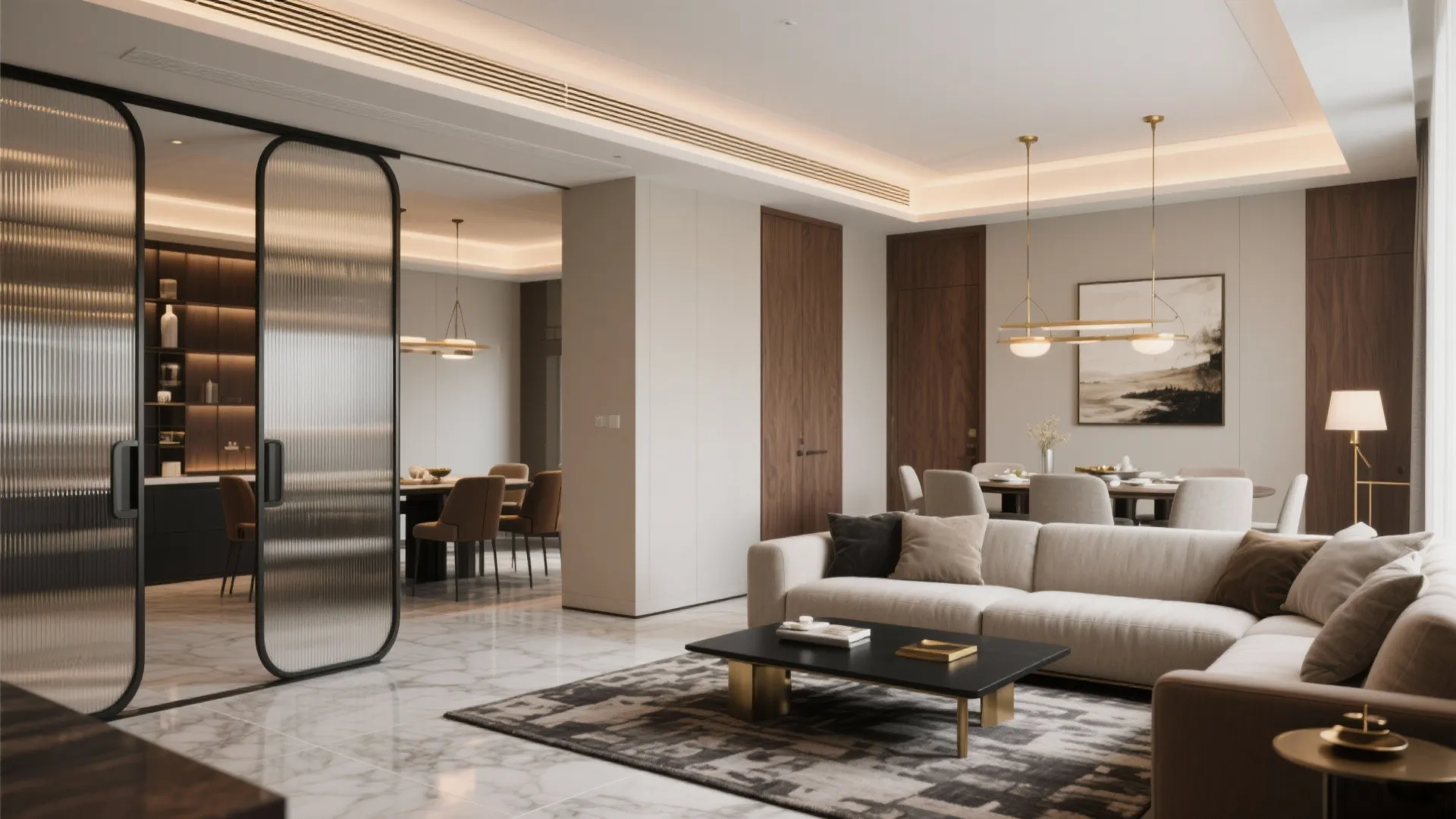 Living-dining with fluted glass sliding partitions and layered warm lighting in a Pune luxury 3 BHK.