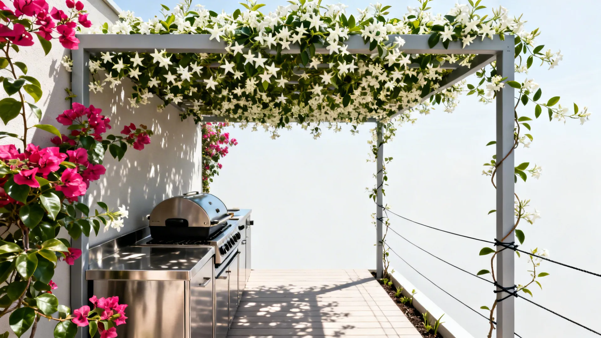 Slim steel pergola with jasmine and bougainvillea shading a compact stainless grill station.