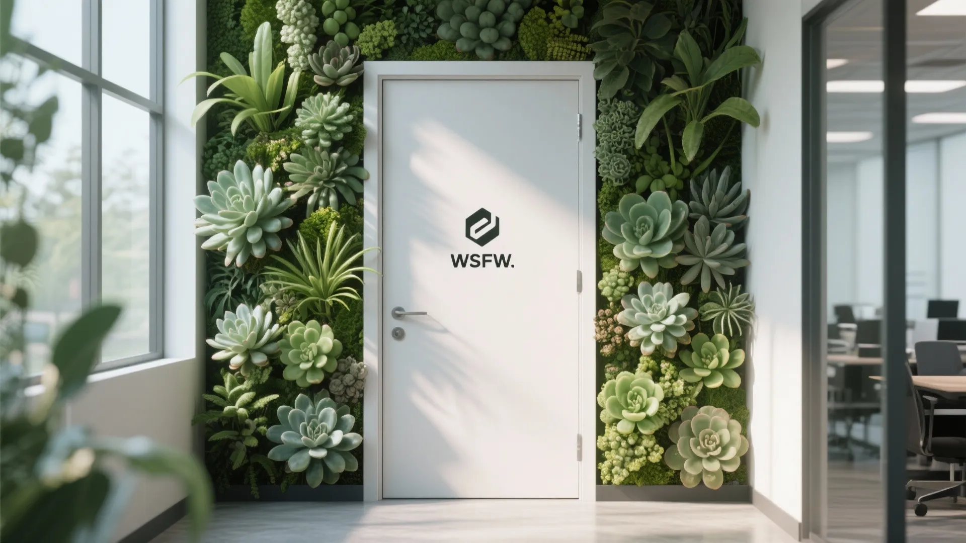 Office door signage surrounded by living plant frame