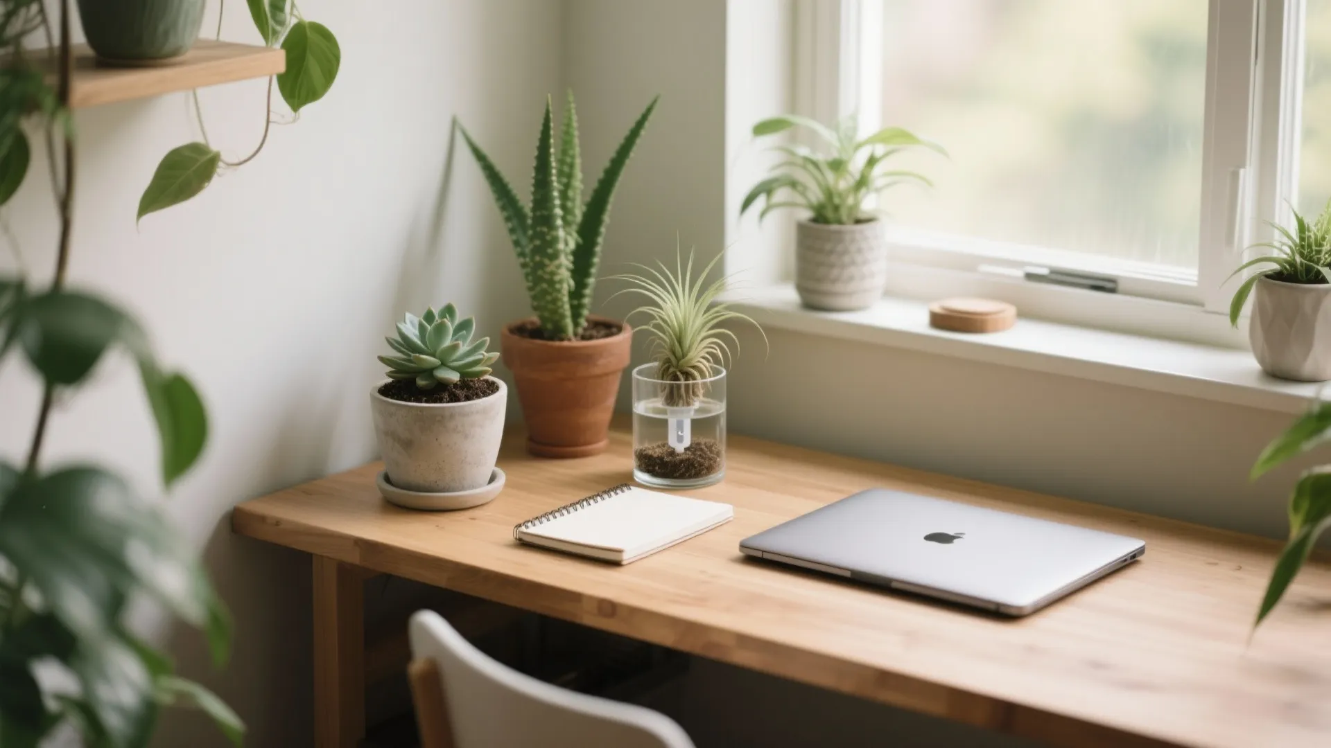 Wooden desk decorated with several green potted plants, closed silver laptop, notebook, and bright window
