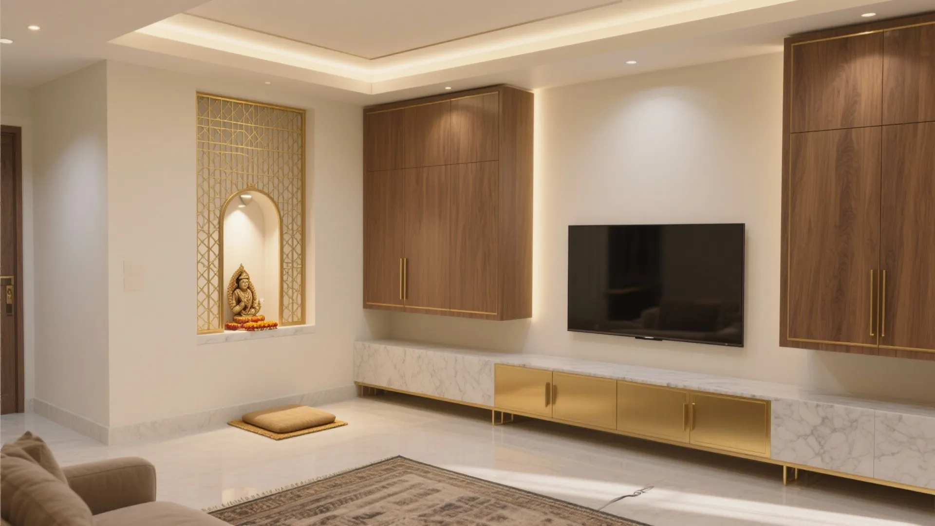 Small Pooja Room Designs in Living Room: Creative Space Maximization: 1 Minute to Transform Your Living Room with Compact Pooja Corner Ideas