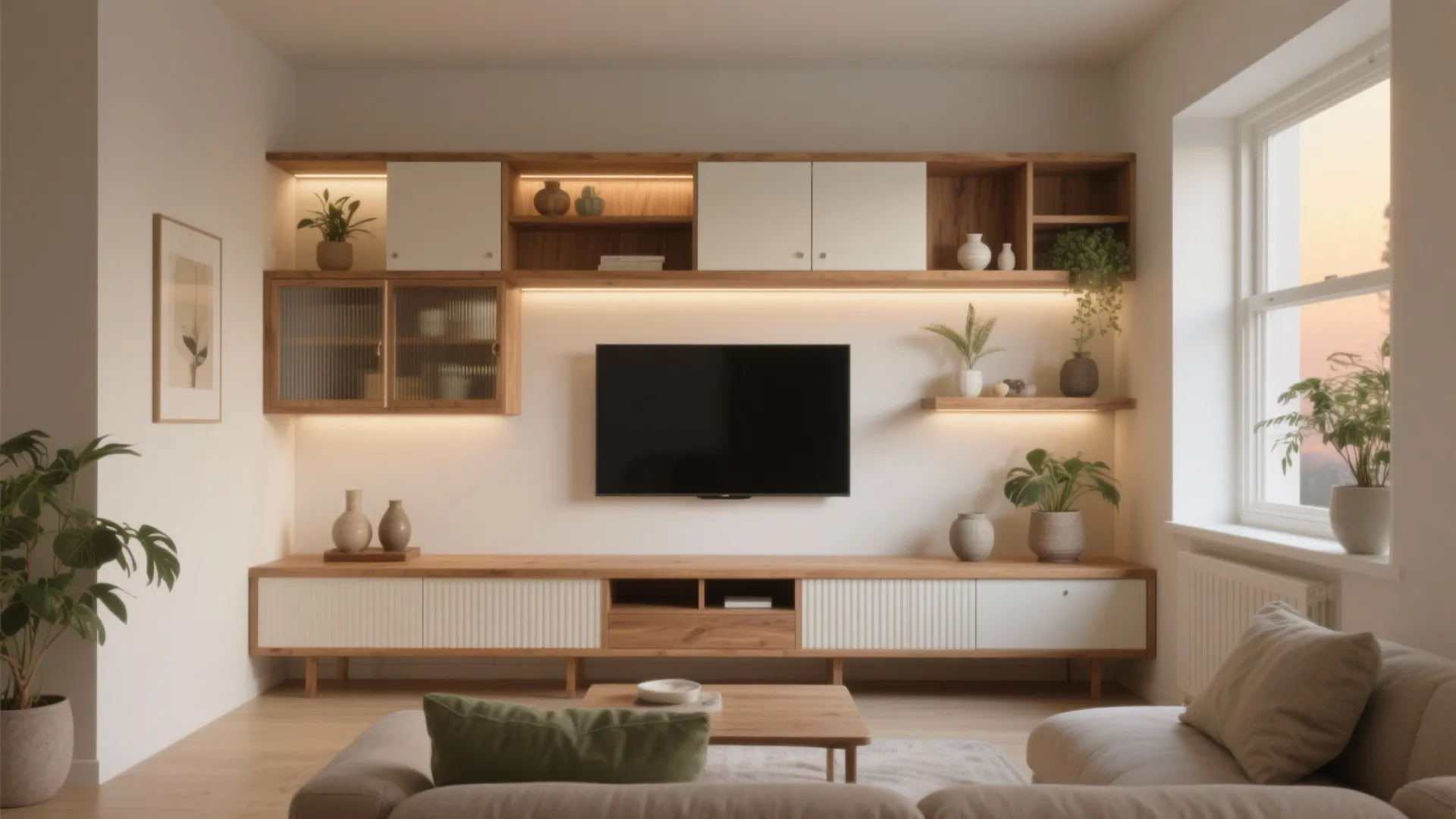 Modern living room with wooden TV cabinet wall shelves indoor plants sofa and a large window