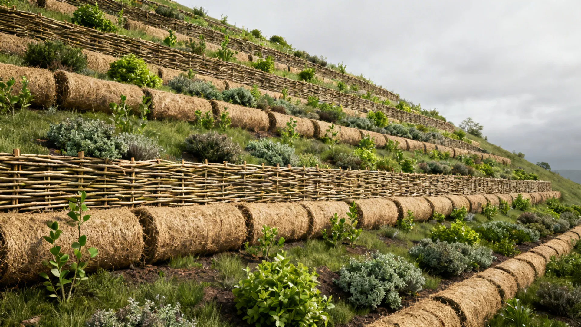 Living retaining wall with coir rolls, woven willow terraces, and native plantings stabilizing a slope