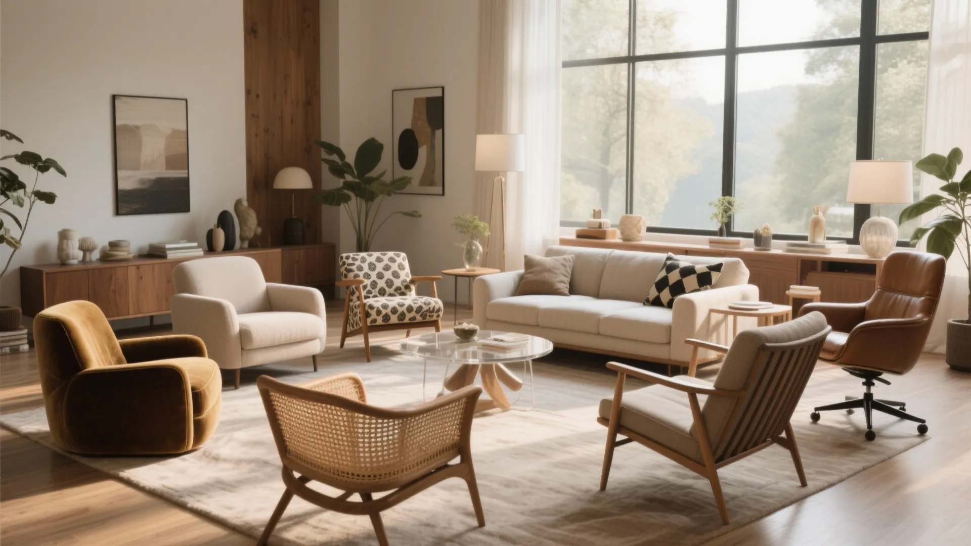 Modern spacious living room with diverse chairs a white sofa wood cabinet and natural light