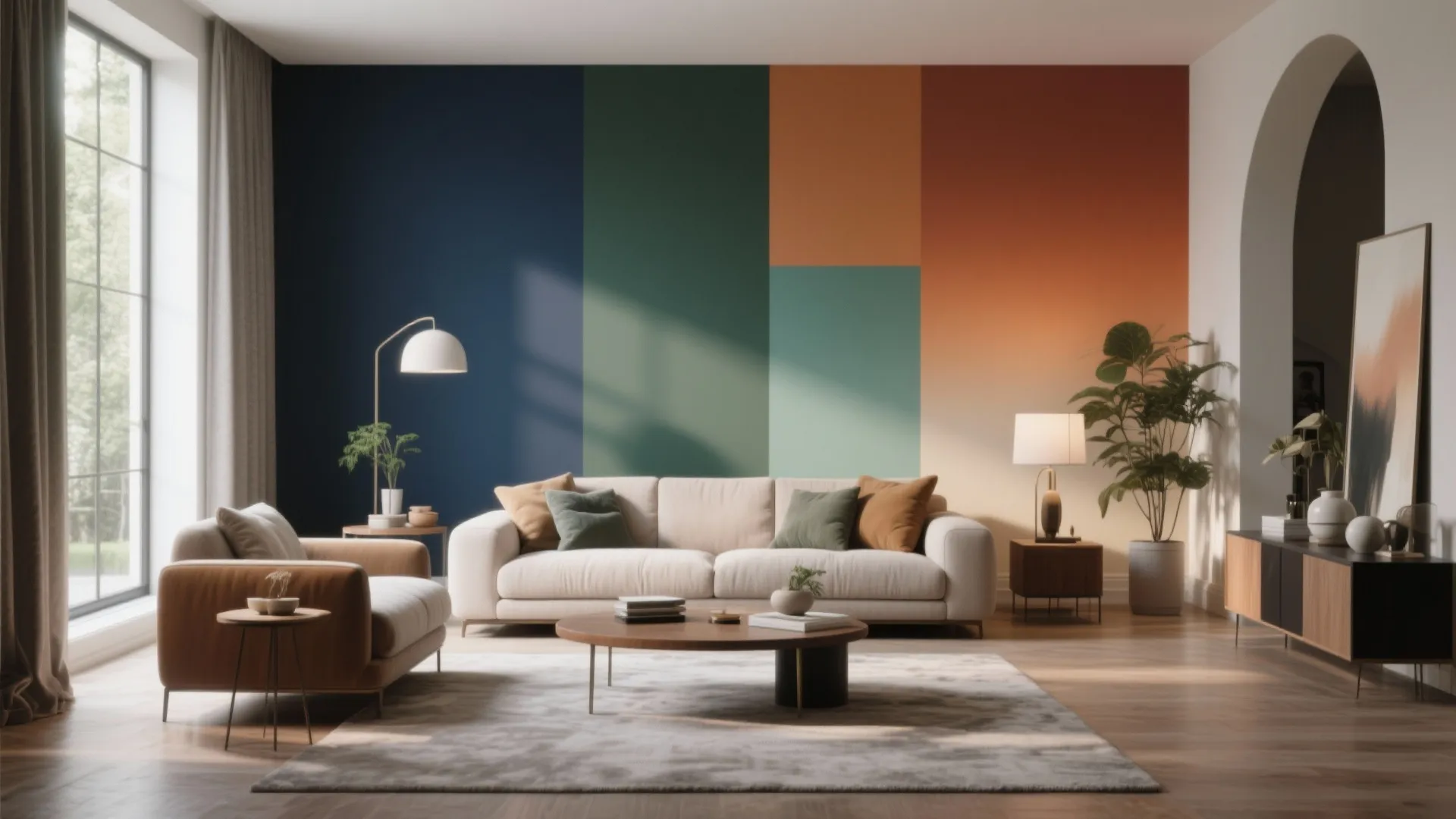 Contemporary living room with colorful geometric wall paint behind a white sofa and floor lamp