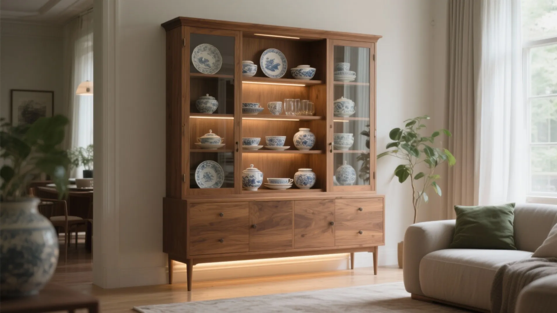 Wooden cabinet with glass doors showing blue and white dishes beside a sofa and plant
