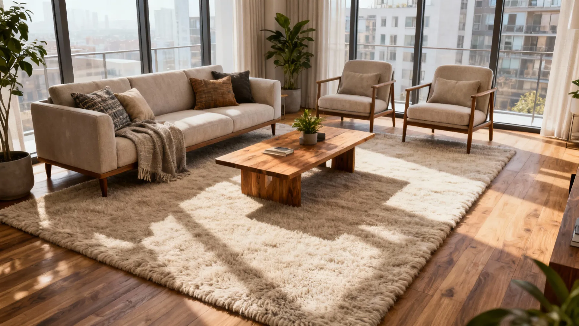 Bright living room with light sofa wooden coffee table fluffy rug two armchairs and large windows