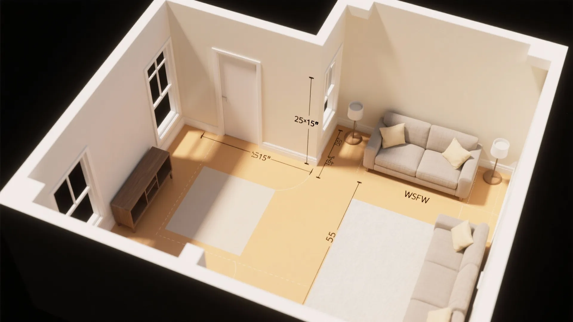 Interior design drawing of a living room layout showing sofas cabinets windows and room size measurements
