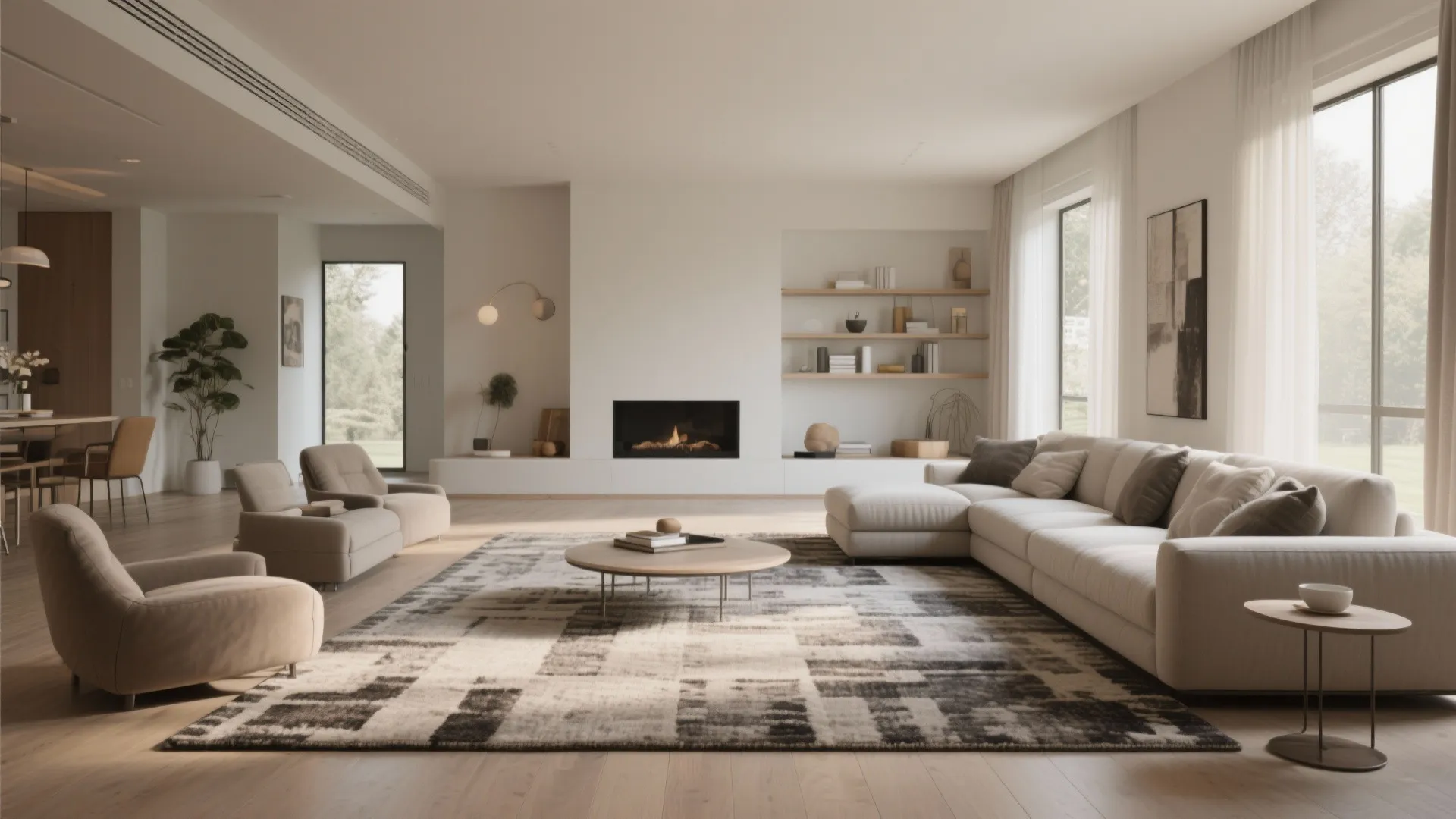 Spacious white living room with a patterned area rug white sofa fireplace and large bright windows