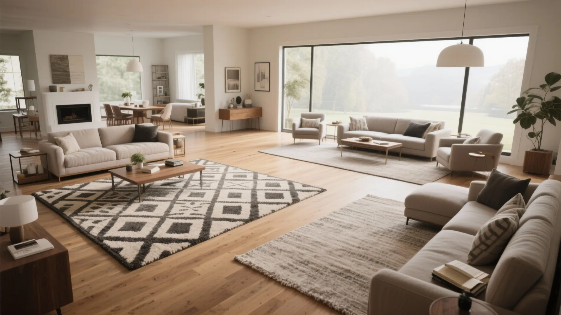 21x26 living room with seating and reading zones defined by rugs