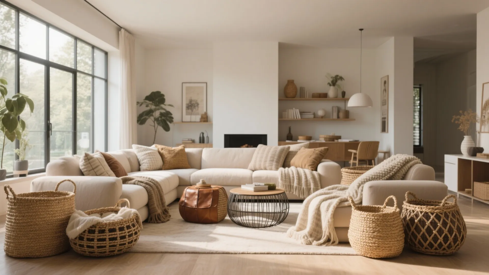Bright living room with white sofa and many woven storage baskets on a large floor rug