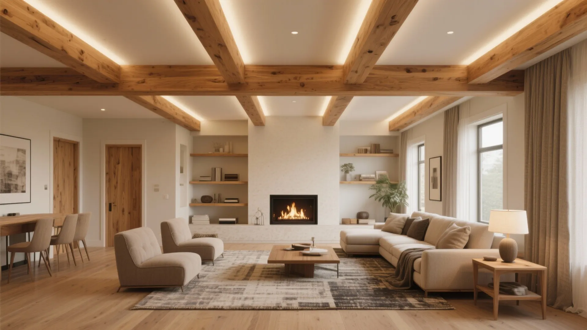 Modern living room with wooden ceiling beams, central fireplace, cream sofa, rug, and natural light