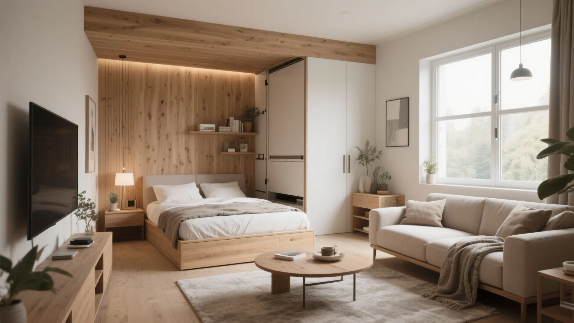 Modern studio apartment layout featuring a wooden wall panel bed area and beige living room sofa