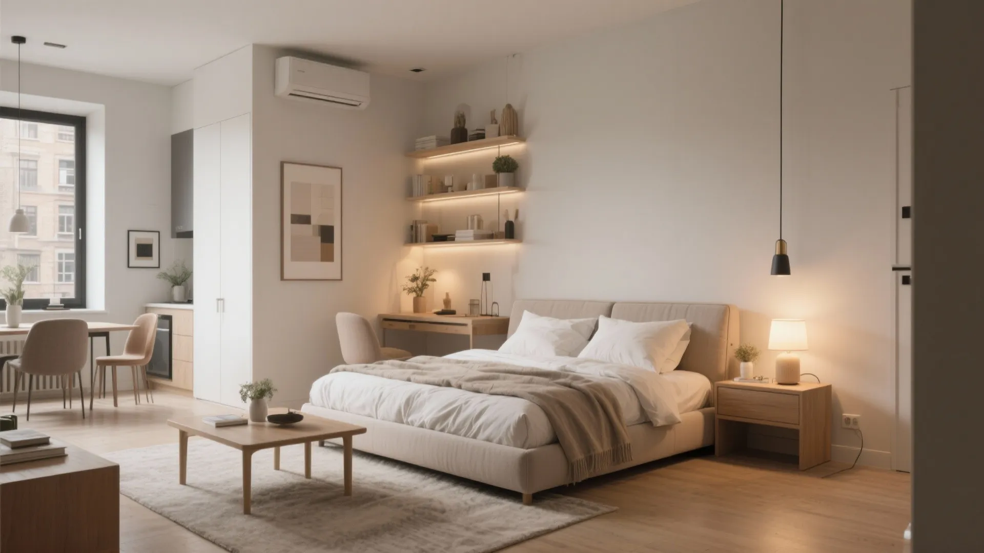 Neutral studio apartment interior design with bed, kitchen area, desk, wooden furniture, and light fixture