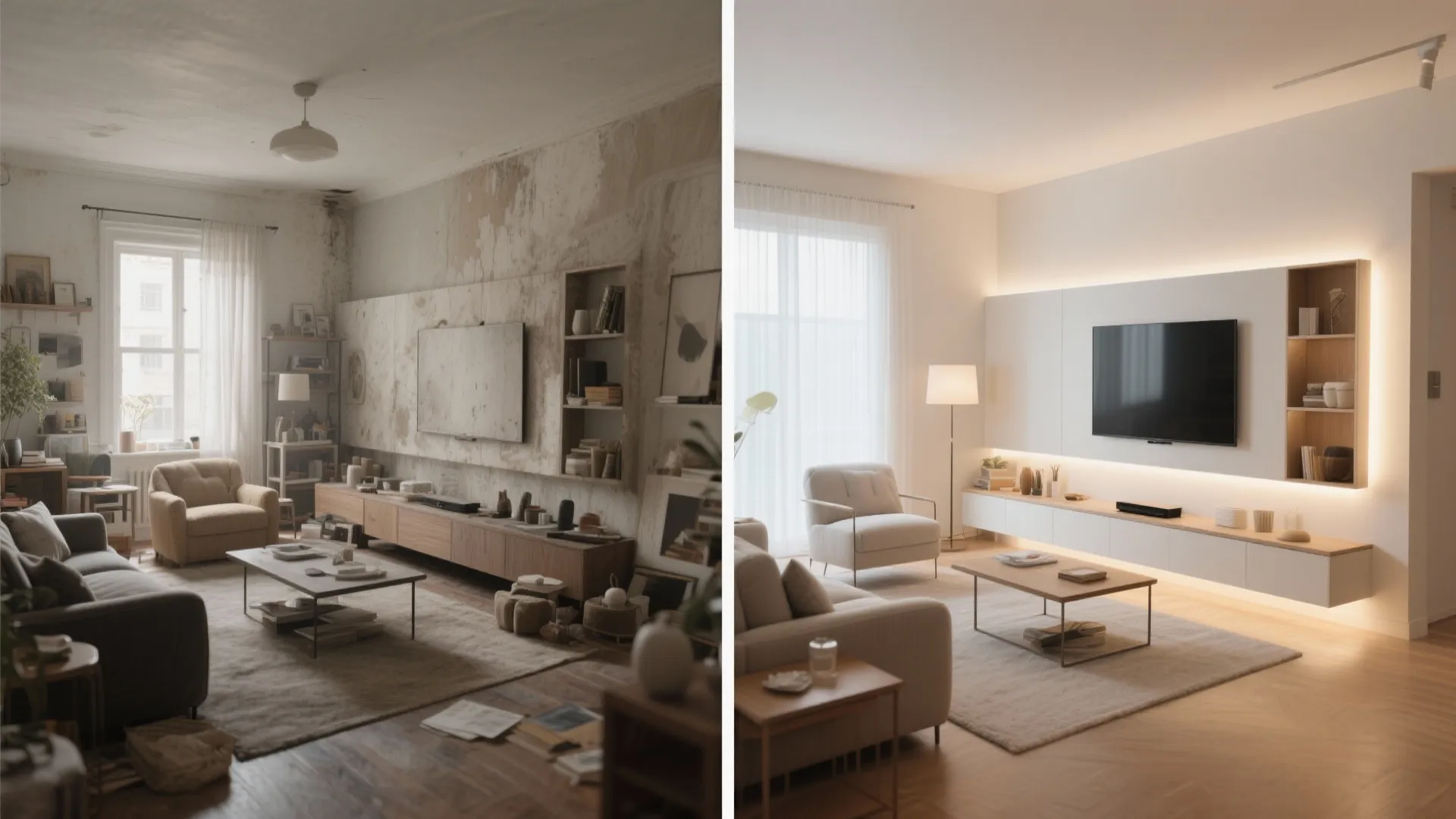 Before and after interior design comparison showing a messy living room versus a clean modern space