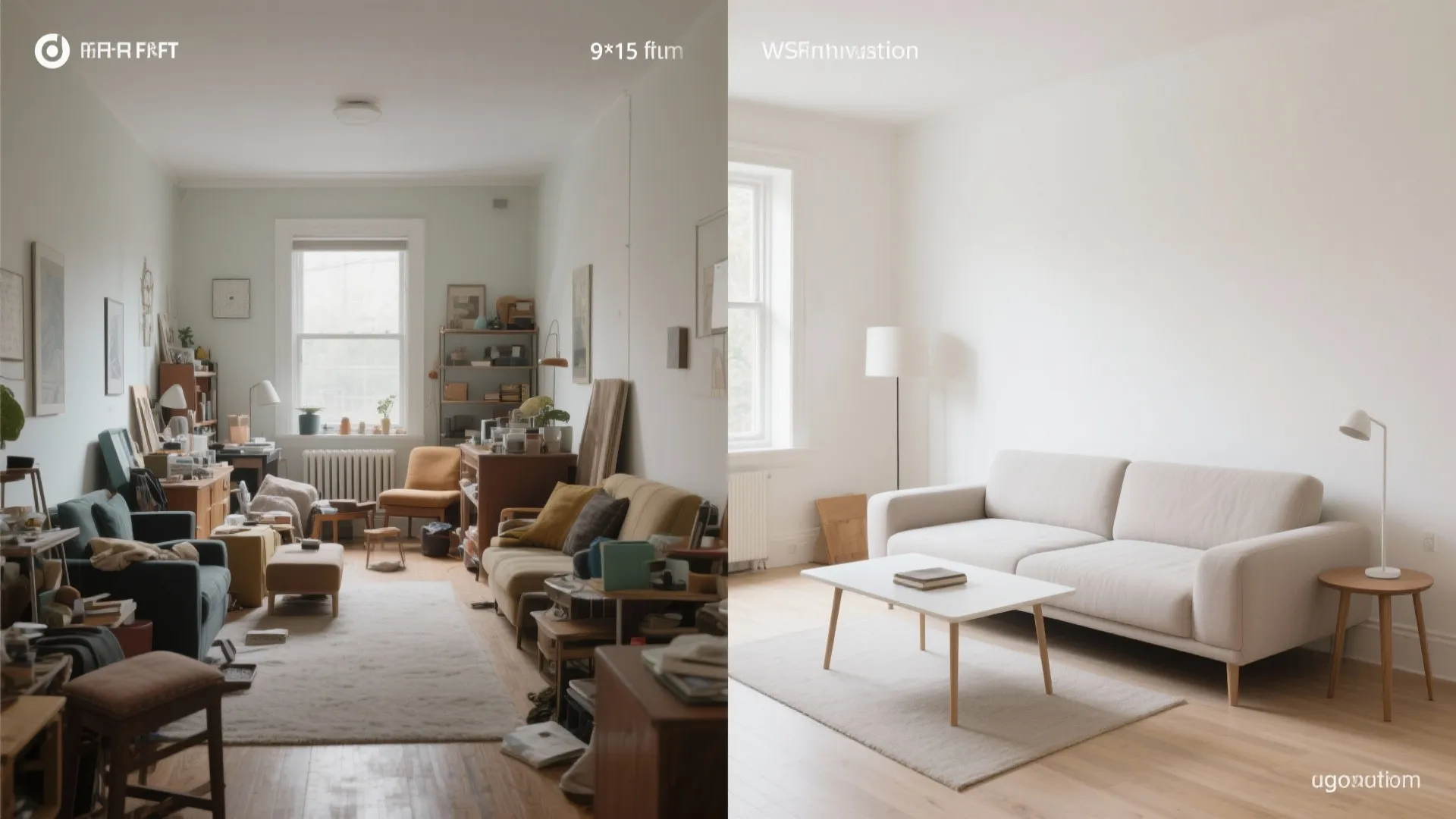 Before and after comparison of a messy cluttered room versus a clean minimalist living room