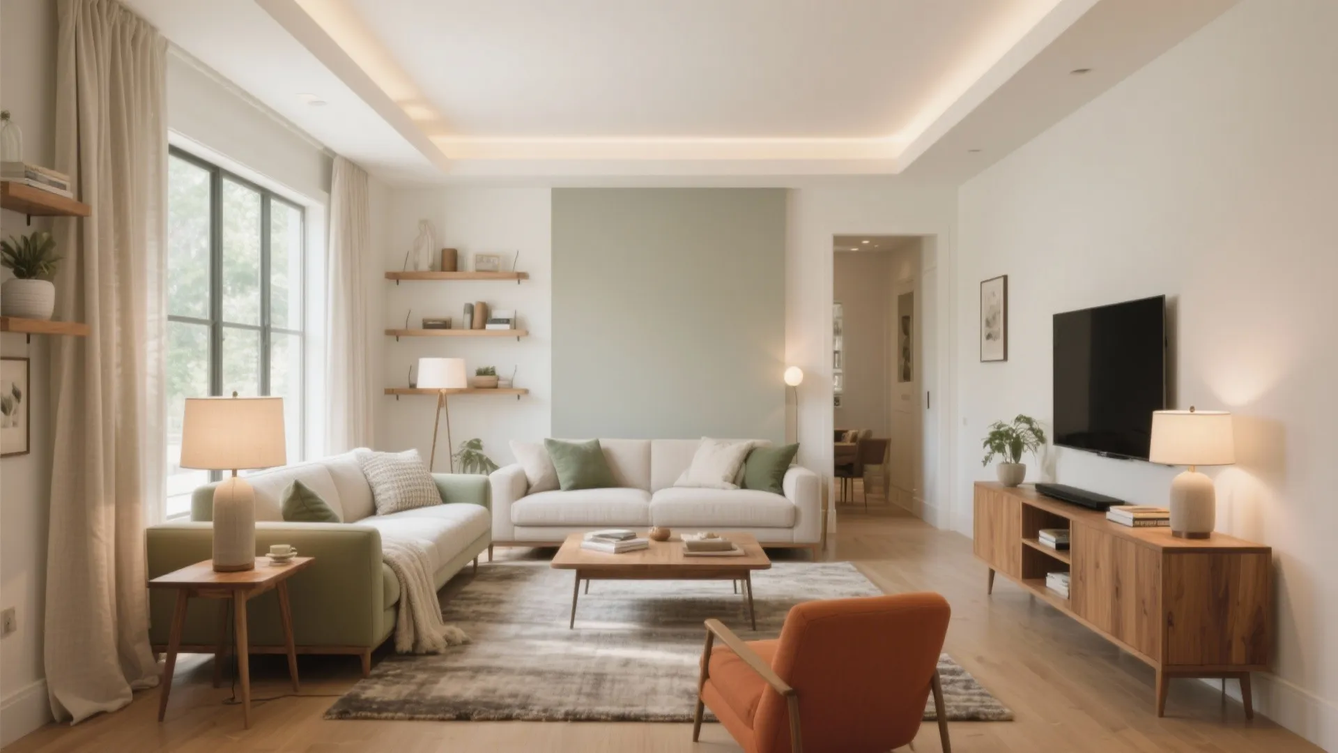 Modern bright living room with white sofas orange armchair wooden coffee table and television on cabinet