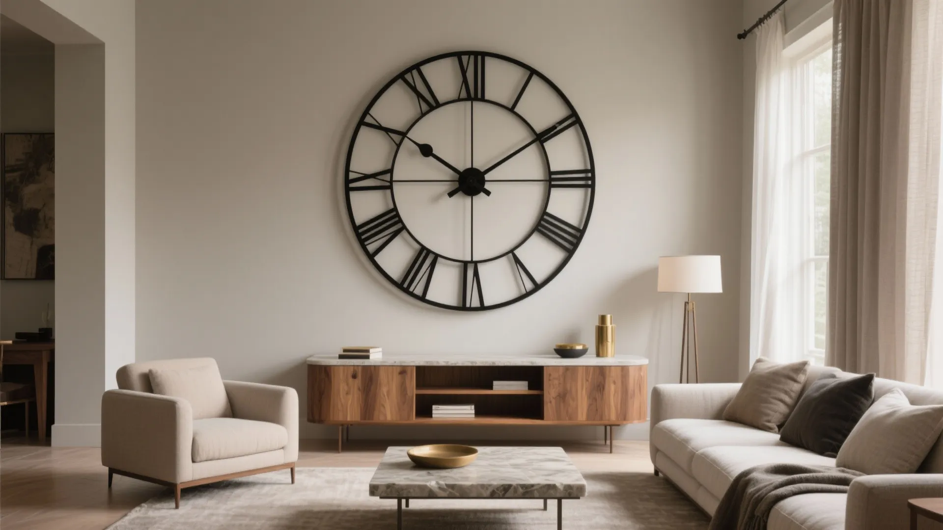 Modern living room featuring large wall clock wooden cabinet white sofa and marble coffee table