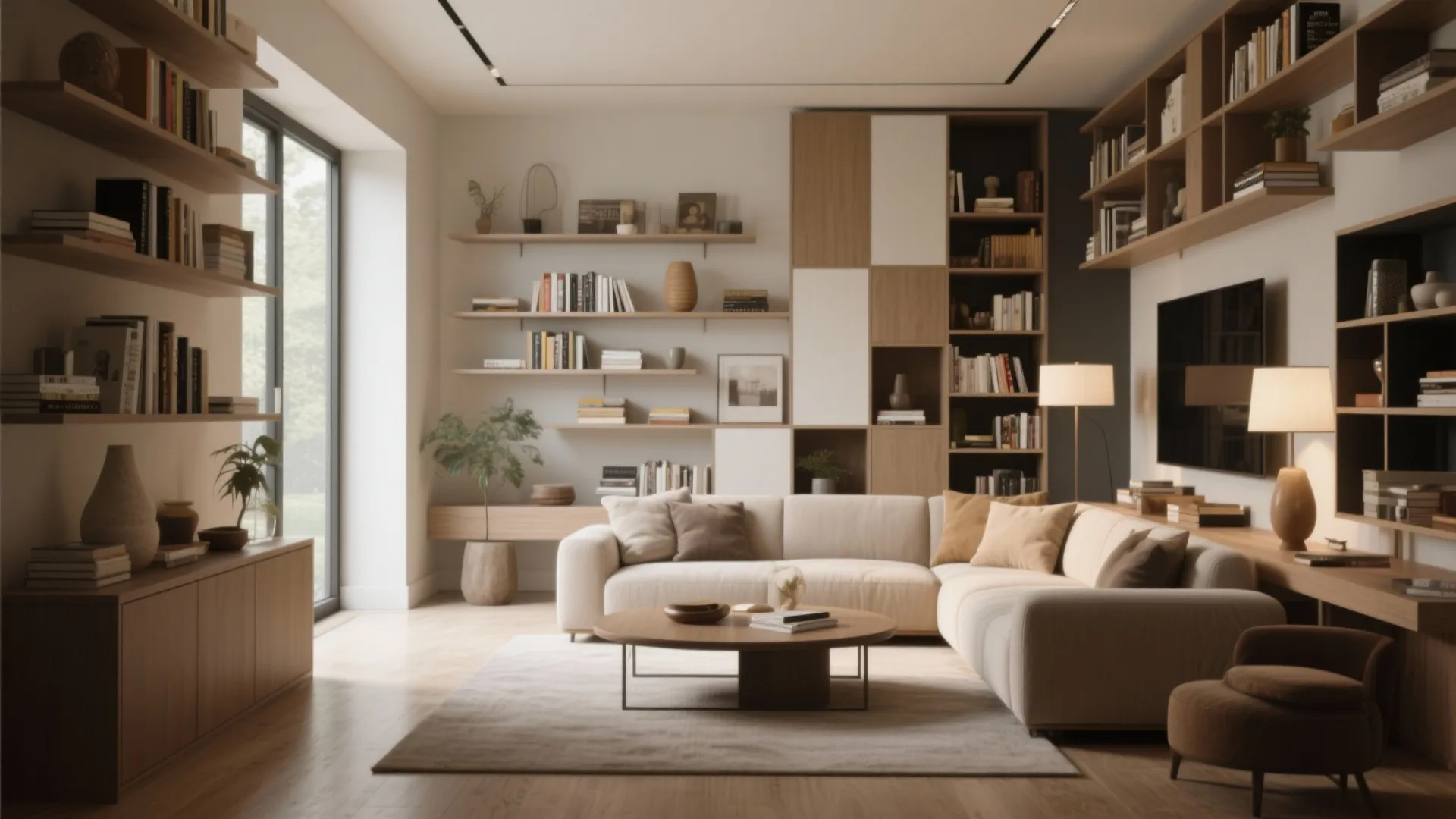 Modern living room with beige sofa white walls wooden shelves large windows and cozy floor lamps