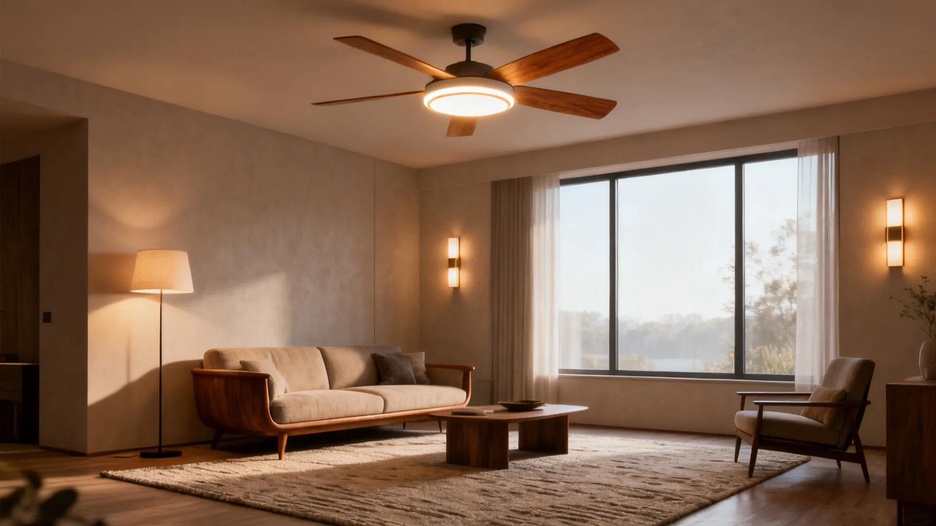Bright living room featuring a wooden ceiling fan light, beige sofa, floor lamp, and windows