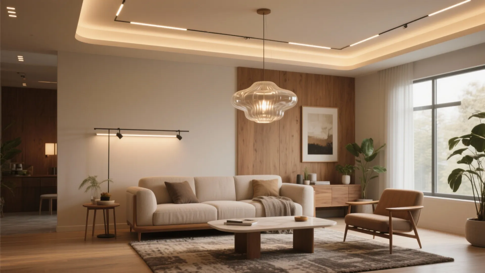 Elegant living room featuring a glass ceiling light and warm wood wall panel behind sofa