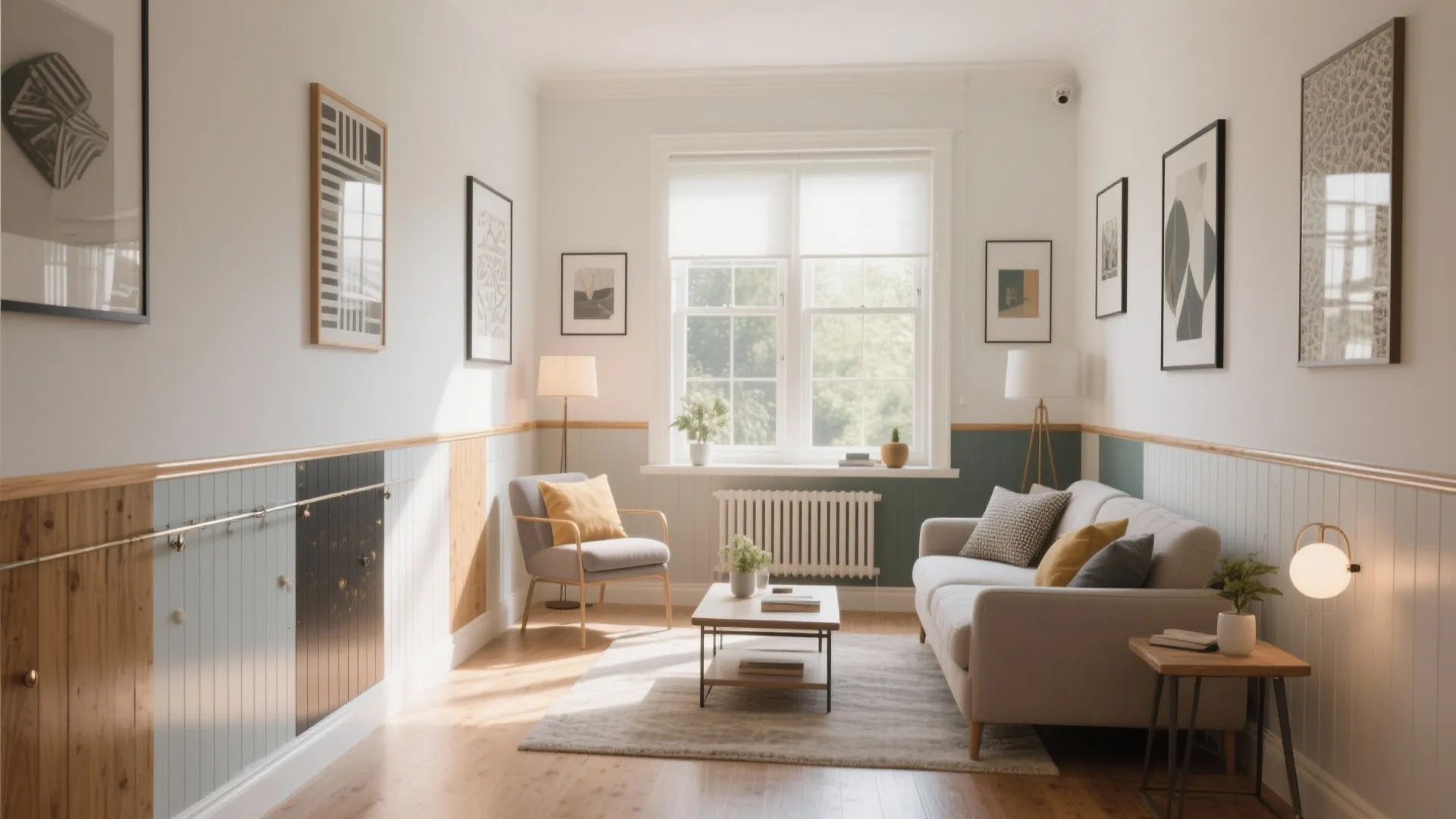 Modern living room with grey chair white sofa many wall pictures and light wood panels