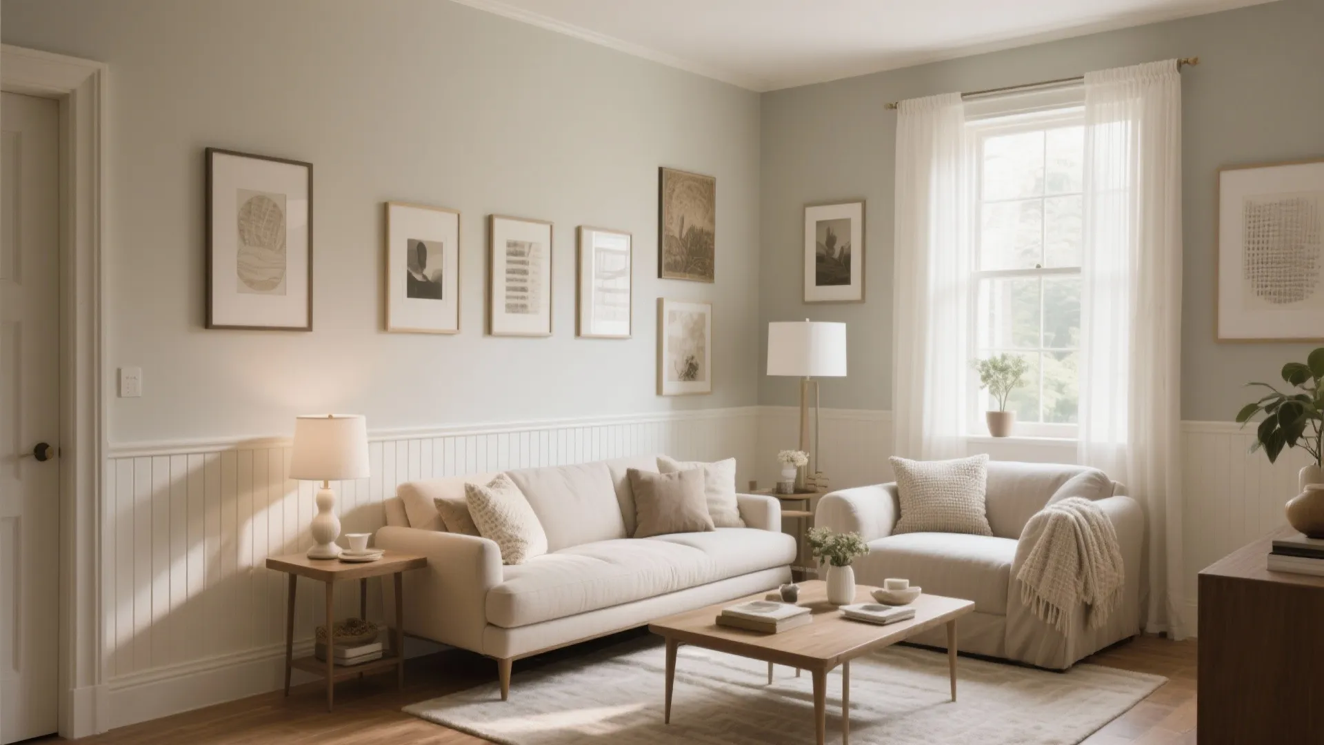 Cozy cream living room with white wall panel plus framed art and soft natural light