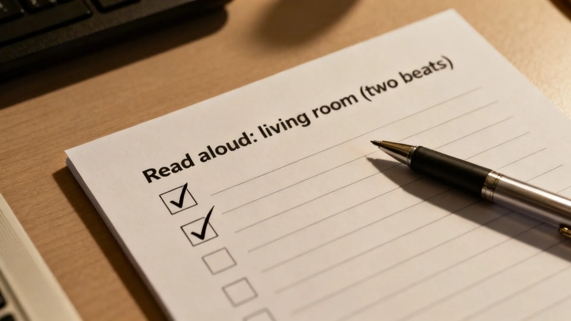 Top-down checklist with a checked proofreading tip about reading 'living room' aloud.