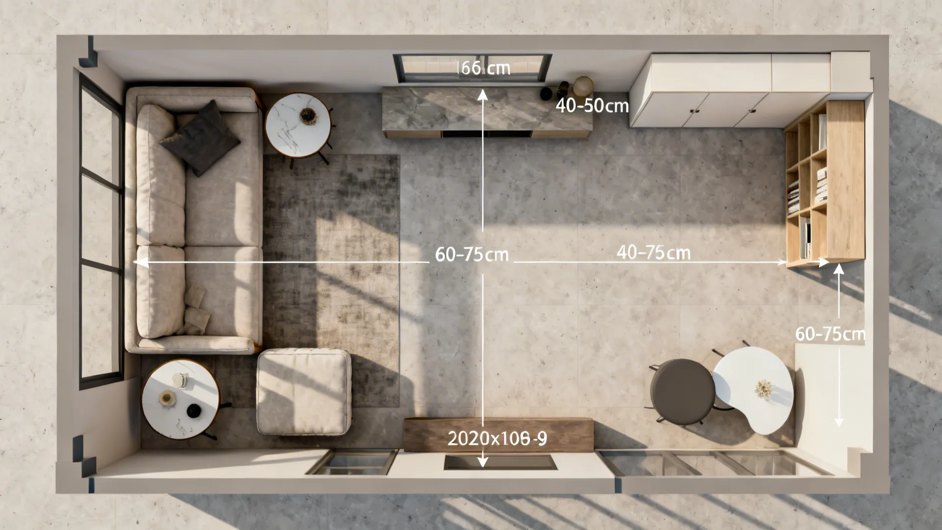 Top-down plan of a small living room showing end table placement and recommended circulation clearances.