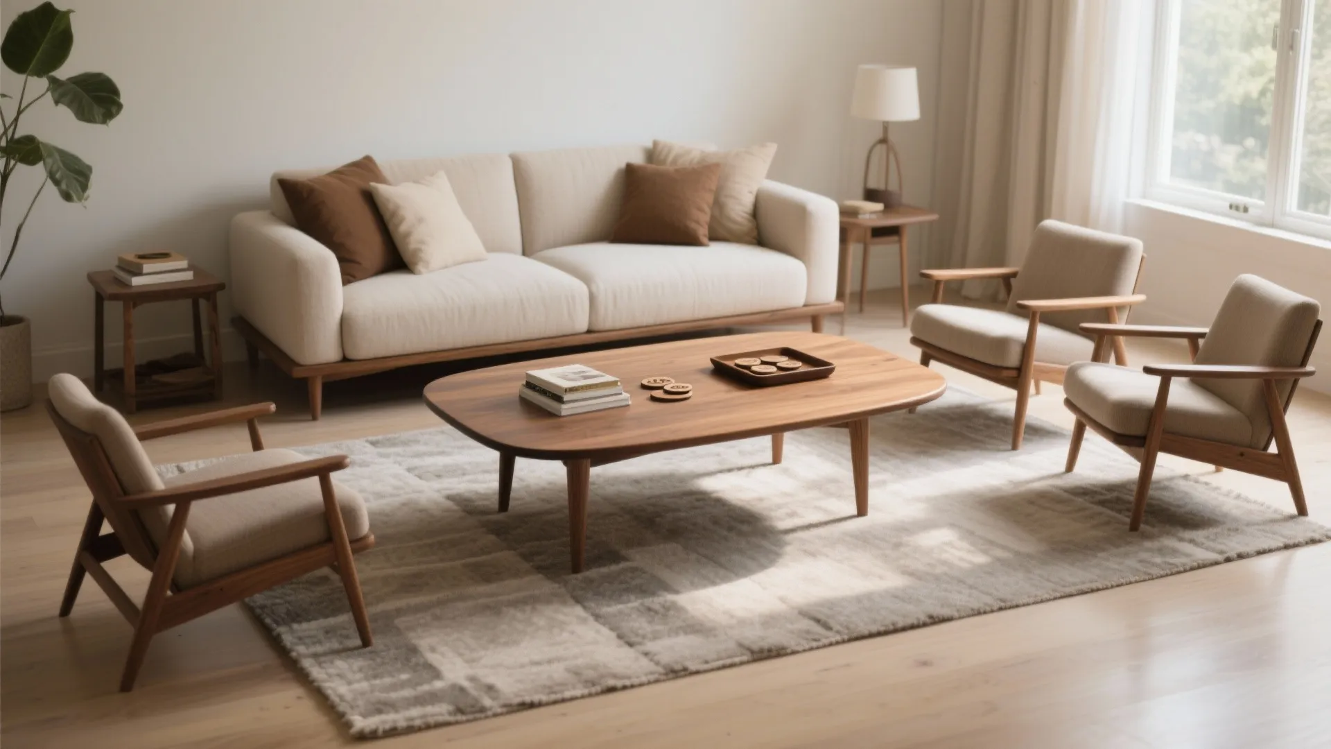 Modern warm living room featuring wood coffee table cream sofa three armchairs and grey rug