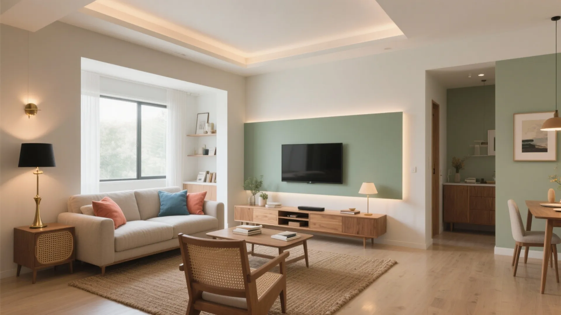 Modern living room with green wall panels cream sofa wood coffee table and ceiling light